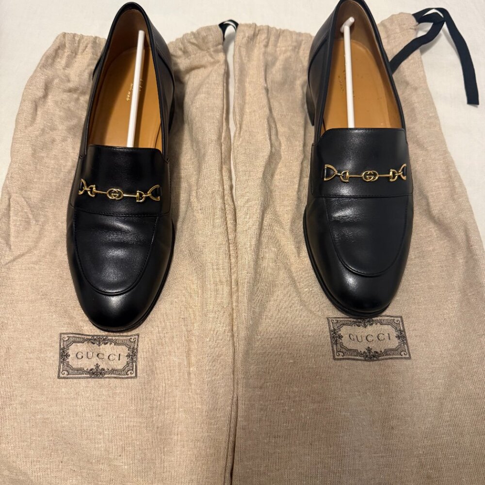 Gucci Jakarta Women Black Leather Loafer Shoes Gold GG Size 38- ORIGINAL PACKAGE